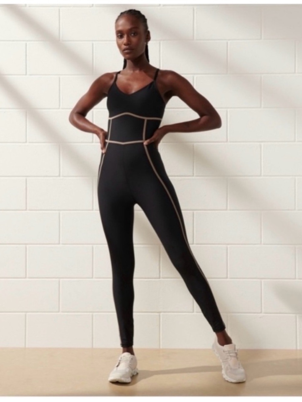 Abercrombie YPB Sleek Black Strappy Workout One Piece with Tan Contrast Piping